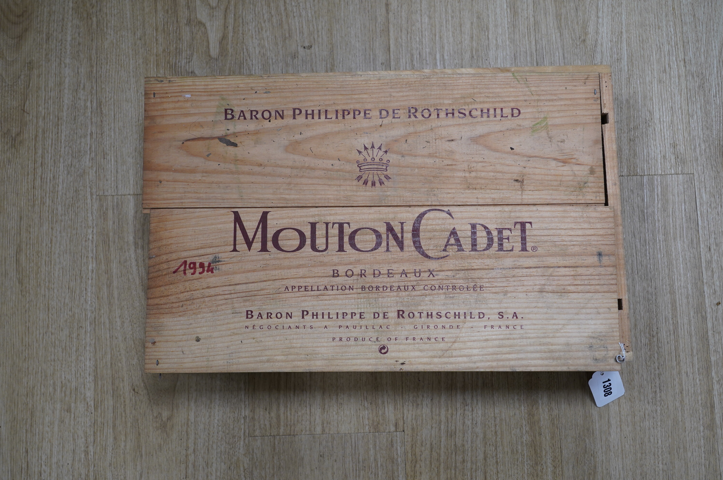 A case of six bottles of Mouton Cadet Bordeaux 1994. Condition - storage unknown